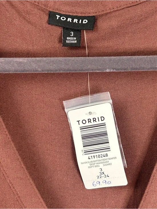 Torrid Romper Womens 3X Brown Rayon Slub Button Front V-Neck Tie Waist Pockets - Picture 3 of 16